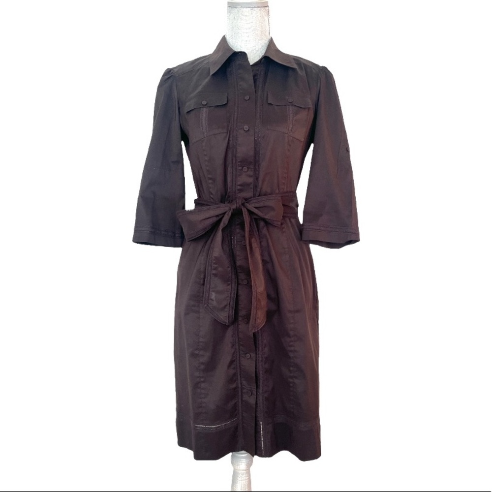 Dark Brown Button-Front Shirt Dress with Tie Waist